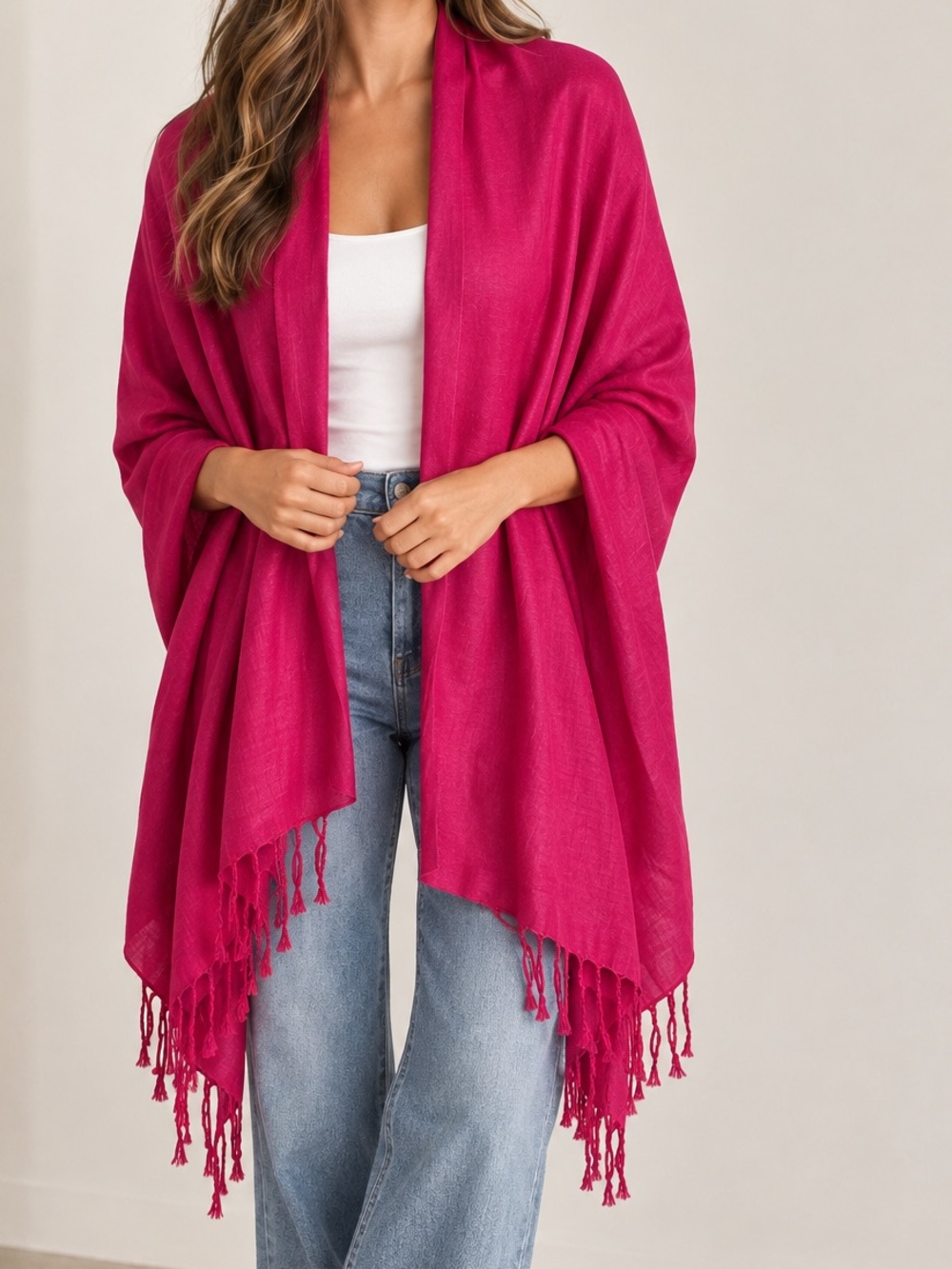 Pashmina Luxurious Fuchsia Fringe Throw Shawl Scarf